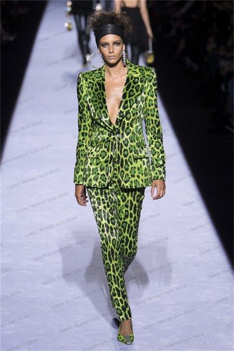 Women Formal Party Wear Dress - Sequins Leopard Women Suit Set Blazer+Pants