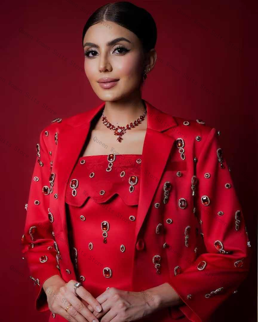 Women'S Red Formal Wear - Luxury Red Crystals Women Suit Set