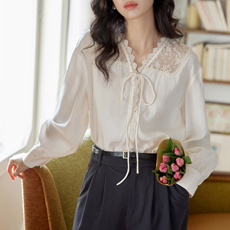 Women'S Formal Wear Blouse - Long Sleeve Shirts Womens Satin Stand