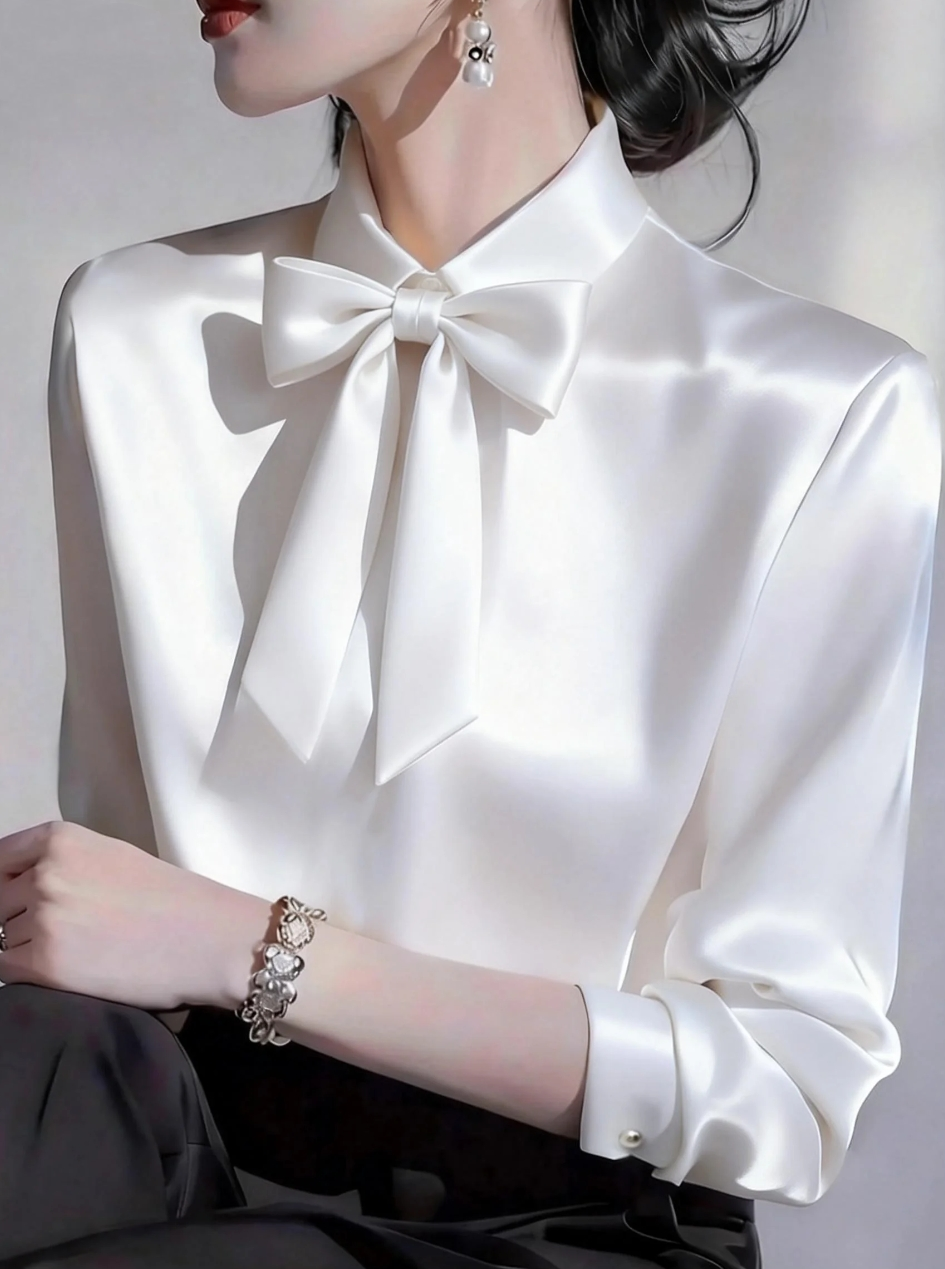 Women'S Formal Wear Blouse - Elegant Satin Blouse With Detachable Bow