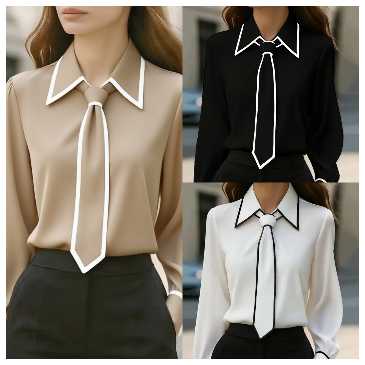 Women'S Formal Wear Blouse - Women's Contrast Trim Tie Neck Blouse