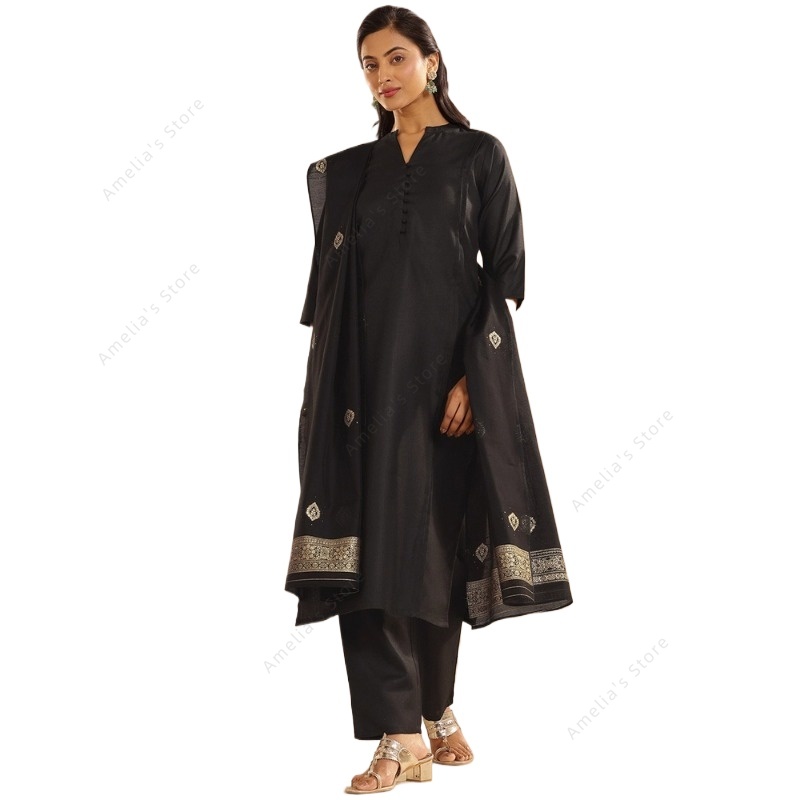 Women'S Formal Wear Blouse - Women's Black Jacquard Kurta Pant Dupatta