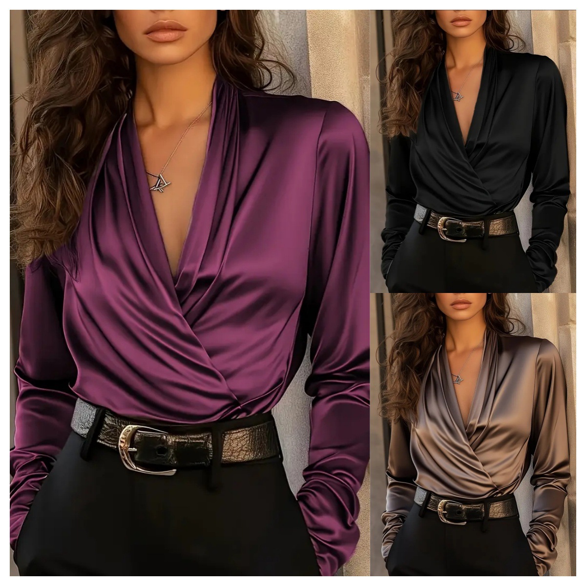 Women's Satin Wrap V Neck Long - Women'S Formal Wear Blouse のレビューと価格