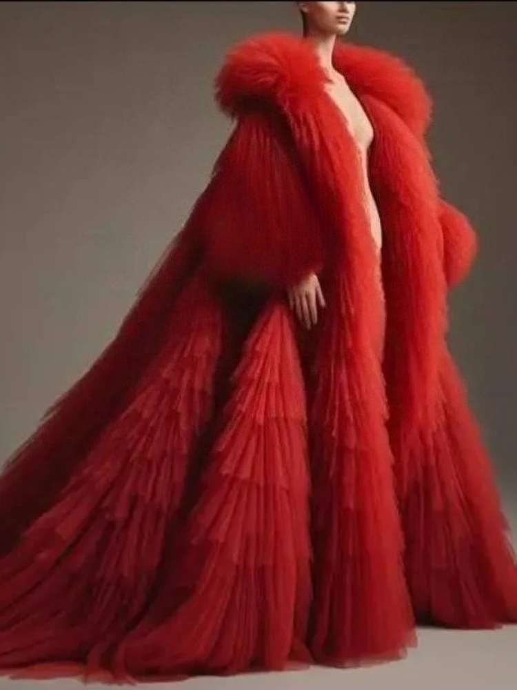 Red fluffy pleated ruffled lon - Women'S Red Formal Wear のレビューと価格