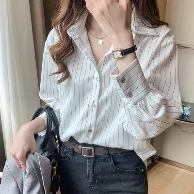 Women Vertical Striped Lapel B - Women'S Formal Wear Blouse のレビューと価格