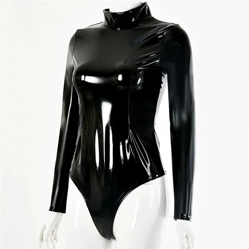 Womens Faux Latex PVC Mirror P - Turtleneck Bodysuit Office のレビューと価格