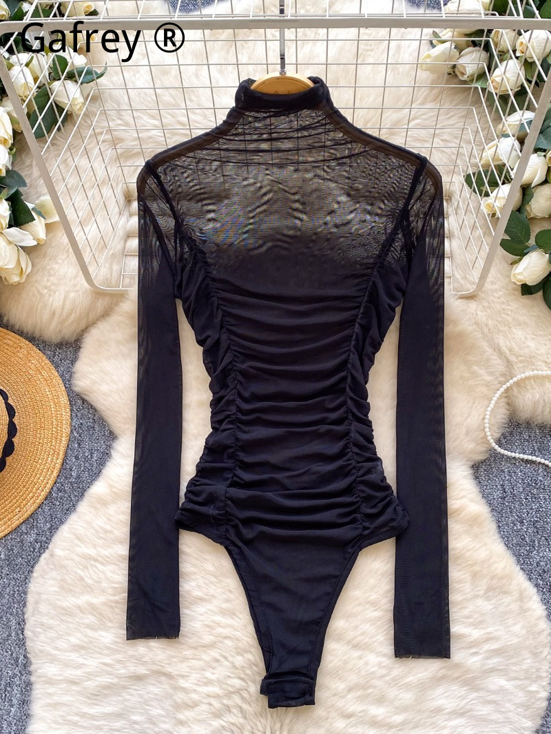 Sexy Grey Mesh Ruched Bodysuit - Turtleneck Bodysuit Office のレビューと価格