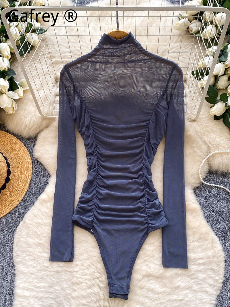 Sexy Grey Mesh Ruched Bodysuit - Turtleneck Bodysuit Office のレビューと価格
