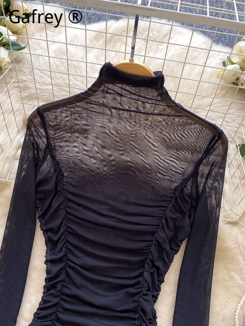 Sexy Grey Mesh Ruched Bodysuit - Turtleneck Bodysuit Office のレビューと価格