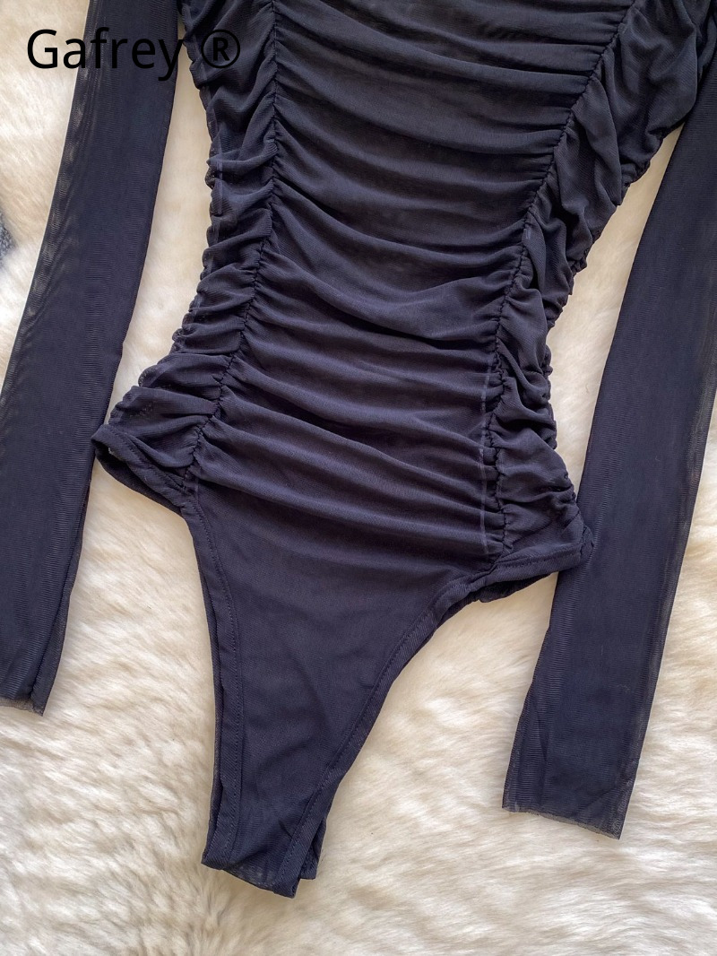 Sexy Grey Mesh Ruched Bodysuit - Turtleneck Bodysuit Office のレビューと価格