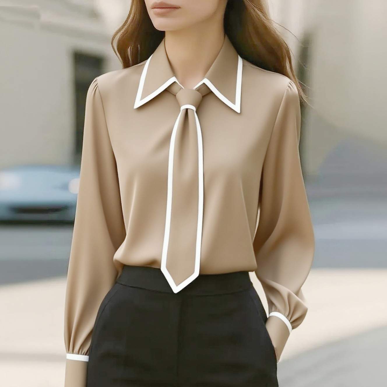 Women's Contrast Trim Tie Neck - Women'S Formal Wear Blouse のレビューと価格