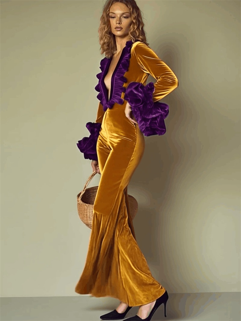 Yellow Purple Velvet Women Jum - Women'S Formal Wear Jumpsuit のレビューと価格