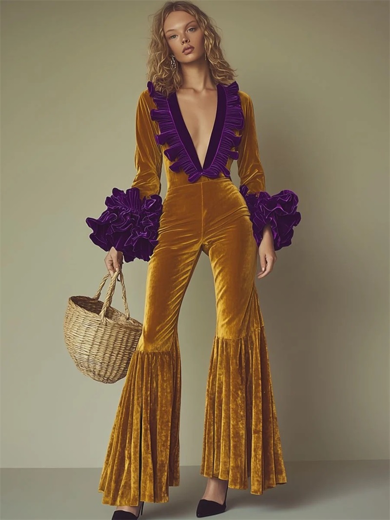 Yellow Purple Velvet Women Jum - Women'S Formal Wear Jumpsuit のレビューと価格
